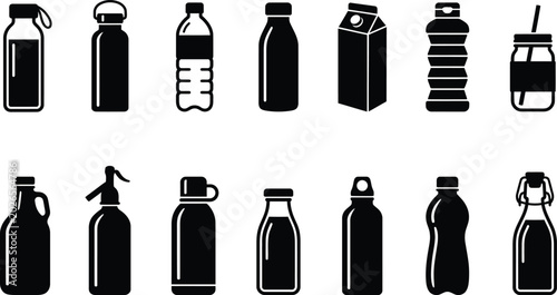 Collection of 12 black silhouette beverage bottles and containers on white background, drink liquid