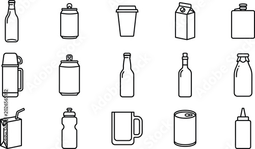 Collection of 16 black and white line of various drink containers beverage bottle