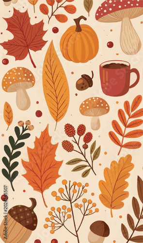 Cozy autumn seamless pattern with oak maple leaves pumpkin mushrooms and warm coffee mug