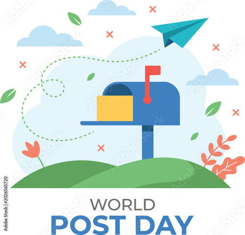Photography World Post Day Illustration: Mailbox with Letter, Paper Plane, and CloudsWorld P