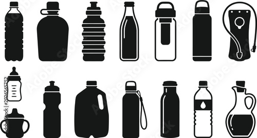 Collection of black and white silhouette of various beverage containers and bottles water bottle