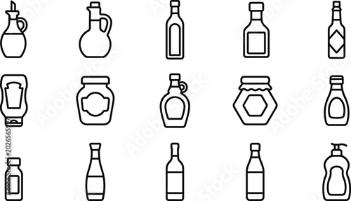 Collection of black line of various bottles and jars on white background, black and white outline container