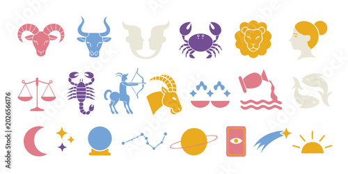 Bild auf Leinwand Colorful silhouettes of zodiac signs and astrology symbols collection for horoscope and mystical design projects
