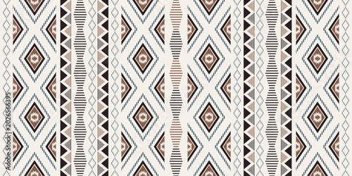 Foto Seamless southwestern tribal geometric vector pattern with diamond motifs and striped ethnic textile elements in beige, brown, and blue tones