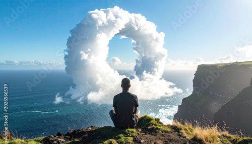 Man seated before a cloudy circle over ocean cliffs