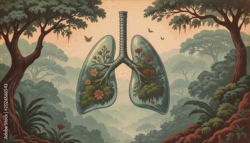 Illustration of transparent glass lungs filled with flowers and green plants against forest background, clean air and environmental health