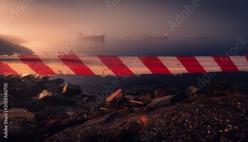 Red and white barrier tape in foreground with large cargo ships with freight stuck in strait unable to pass in background, shipping crisis and logistics blockage