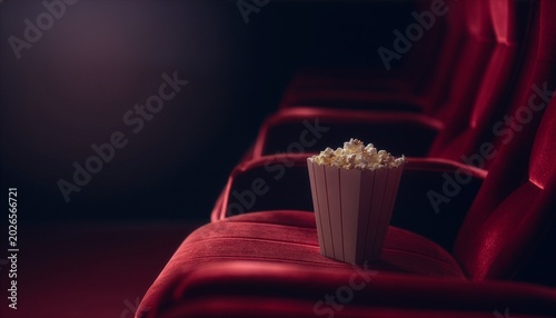 Row of red velvet seats in cinema with popcorn box placed on one seat, movie theater and entertainment