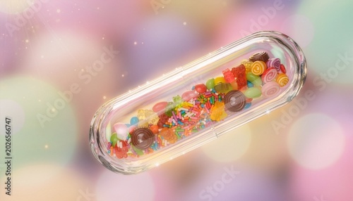 Transparent capsule with sweets and candies floating in air, creative and playful