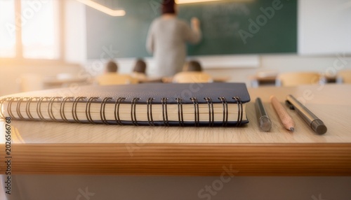 Close up of notebook and pen on school desk with classroom, teacher and blackboard visible in background, education and learning