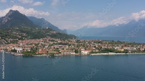 Aerial view of the panoramic scenery and luxury travel destination of Lago di Garda in summer