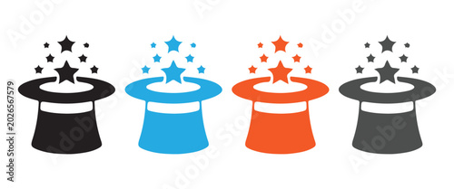 Photos “Magic Hat and Wand Vector Icon Set – Magician Top Hat with Sparkling Stars, Il