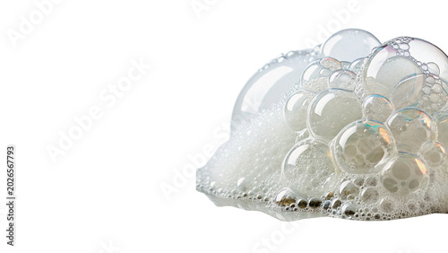 Fotografie A light airy cluster of transparent soap bubbles lather froth for hygiene concep