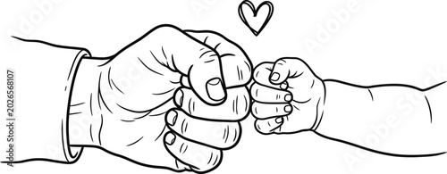 Canvastavla Black and white line art illustration of a father and baby fist bump