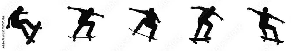 Fototapeta premium Set of dynamic skateboarder silhouettes showcasing different action poses for active sport and