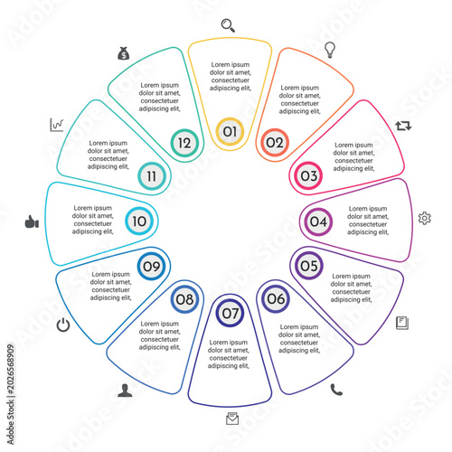 Colorful Line Circle Infographic Chart with 12 Steps or Months Cycle Diagram