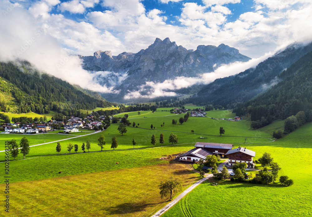Naklejka premium Beautiful alpine view at Werfenweng - Salzburg - Austria, Alps green landscape with village