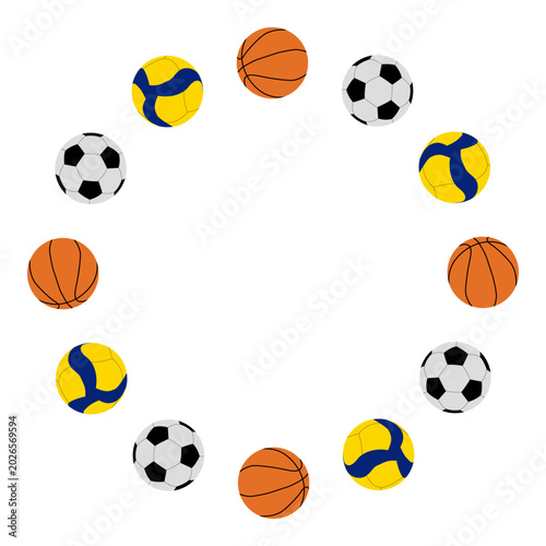 Wreath or round frame with soccer, volleyball, basketball balls, inventory for sportsmen for greeting cards, banners, flyers, invitations, sports games.