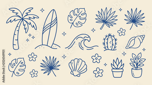 Minimal Tropical Line Icons Set with Palm Tree Wave Shell
