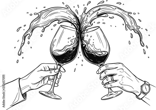 Slika na platnu Two hands clinking wine glasses with red wine splashing in a vintage hand drawn illustration