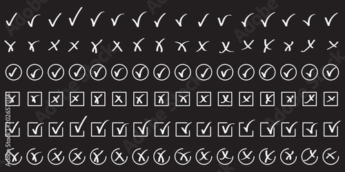 Foto Hand drawn check and cross icons set in circle and square outline checklist marks vector illustration