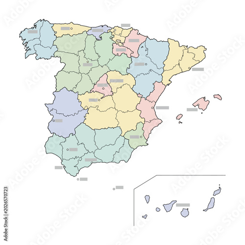 Minimal Spain provinces map vector illustration with autonomous communities, political borders and pastel color regions in clean modern infographic cartography style