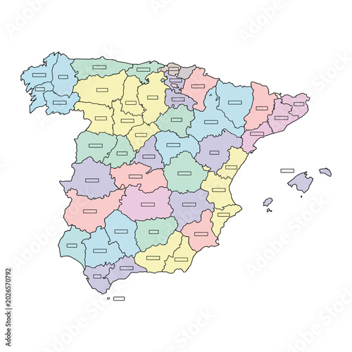 Editable Spain political map design featuring provincial border lines, geometric layout and minimalist vector cartography isolated on white background