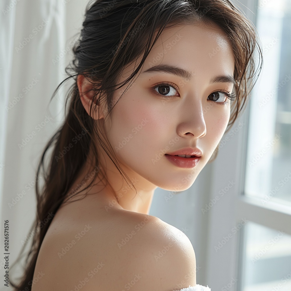Naklejka premium A beautiful young Asian woman with glowing, dewy skin and soft wavy dark hair looks toward the camera over her bare shoulder next to a white curtain.