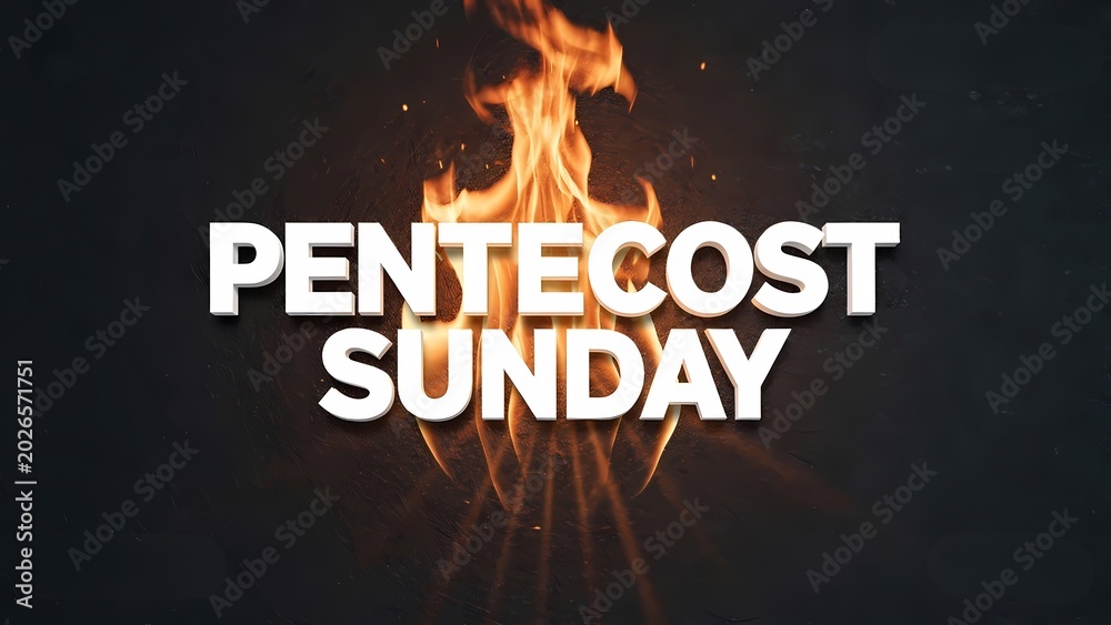 Fototapeta premium Fire illuminating pentecost sunday words on dark background perfect for religious services, social media posts, church newsletters, and event promotions.