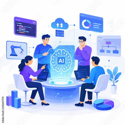 Artificial Intelligence Technology and Teamwork Illustration
