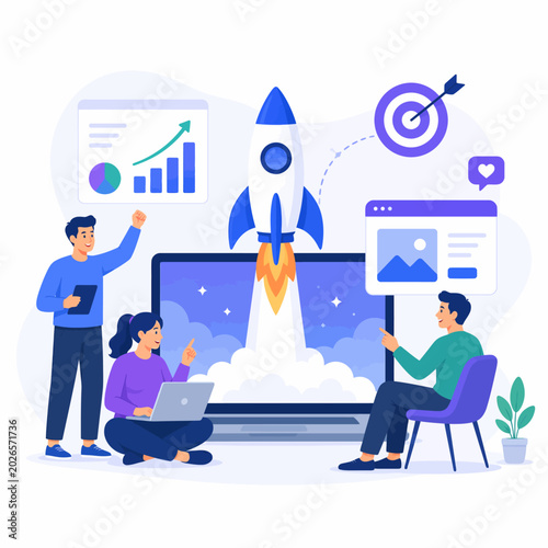 Rocket Startup Launch and Business Growth Illustration