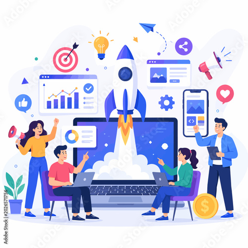 Digital Startup Rocket Launch and Business Innovation Illustration