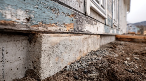 Close-up of Cracked Concrete and Wood Foundation / ひび割れたコンクリートと木の土台の接写