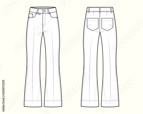 Fotografie Retro-Modern High-Waisted Flare Jeans Technical Flat Sketch Template