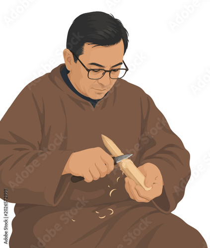 Foto Vsai craftsman carving wood with knife, creating handcrafted sculpture