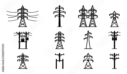 Power and Pylon Vector Icon Set Including Electricity Transmission Towers, Power Lines, and High-Voltage Structures for Energy, Engineering, and Stock
