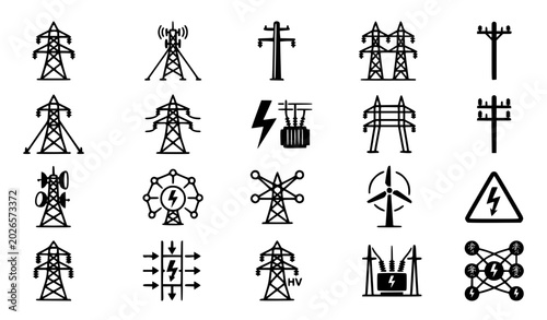 Fotografie Power and Pylon Vector Icon Set Including Electricity Transmission Towers, Power