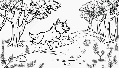 Wolf running joyfully through a whimsical forest landscape with trees and nature elements