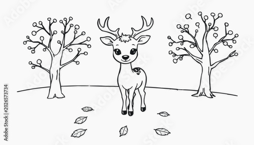 Cute cartoon deer standing between trees in autumn scenery with fallen leaves