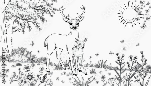 Deer family in a peaceful setting, black and white outline for coloring