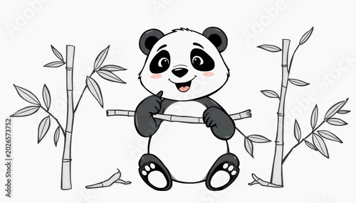 Cute panda character holding bamboo stick in cheerful setting, cartoon style with colorful elements
