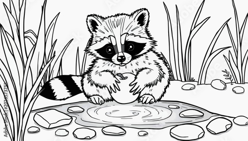 Raccoon character coloring in a serene landscape with a pond