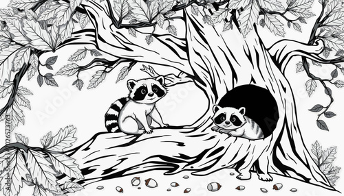 Raccoons playing in a tree with a cozy hole in black and white illustration