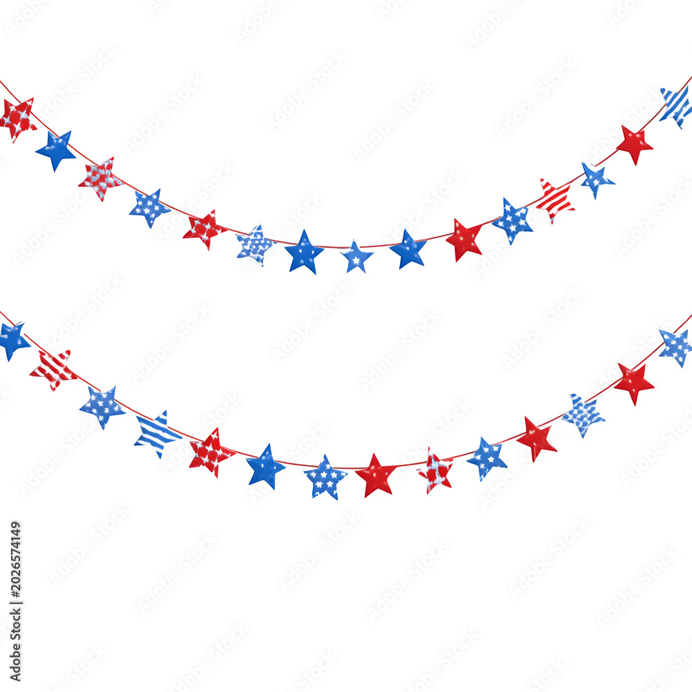 Obraz premium Red white and blue star bunting hanging in curved display against white background