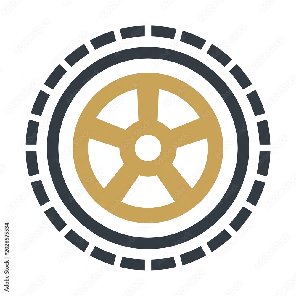 Fototapeta premium Golden gear wheel icon with black and white striped border in flat design style