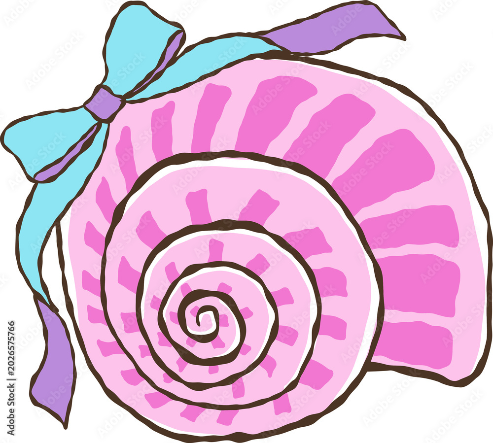 Obraz premium Pink spiral conch shell with orange lines and blue ribbon bow hand drawn