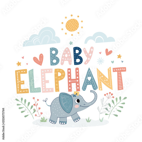 Cute Boho Baby Elephant Typography Design for Nursery Wall Art