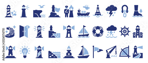 Set of lighthouse and marine navigation icons for coastal themes and oceanic adventure applications