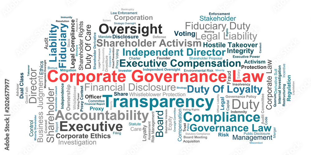 Fototapeta premium Corporate Governance Law Word Cloud. Visual representation of essential principles governing fiduciary duties, board oversight, accountability, shareholder rights, and compliance.