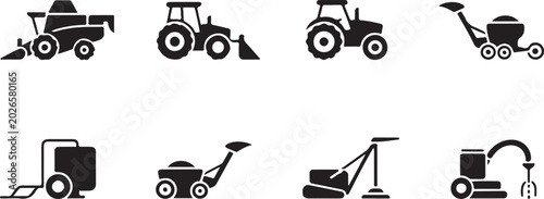 Foto Eight agricultural and farm machinery icons set